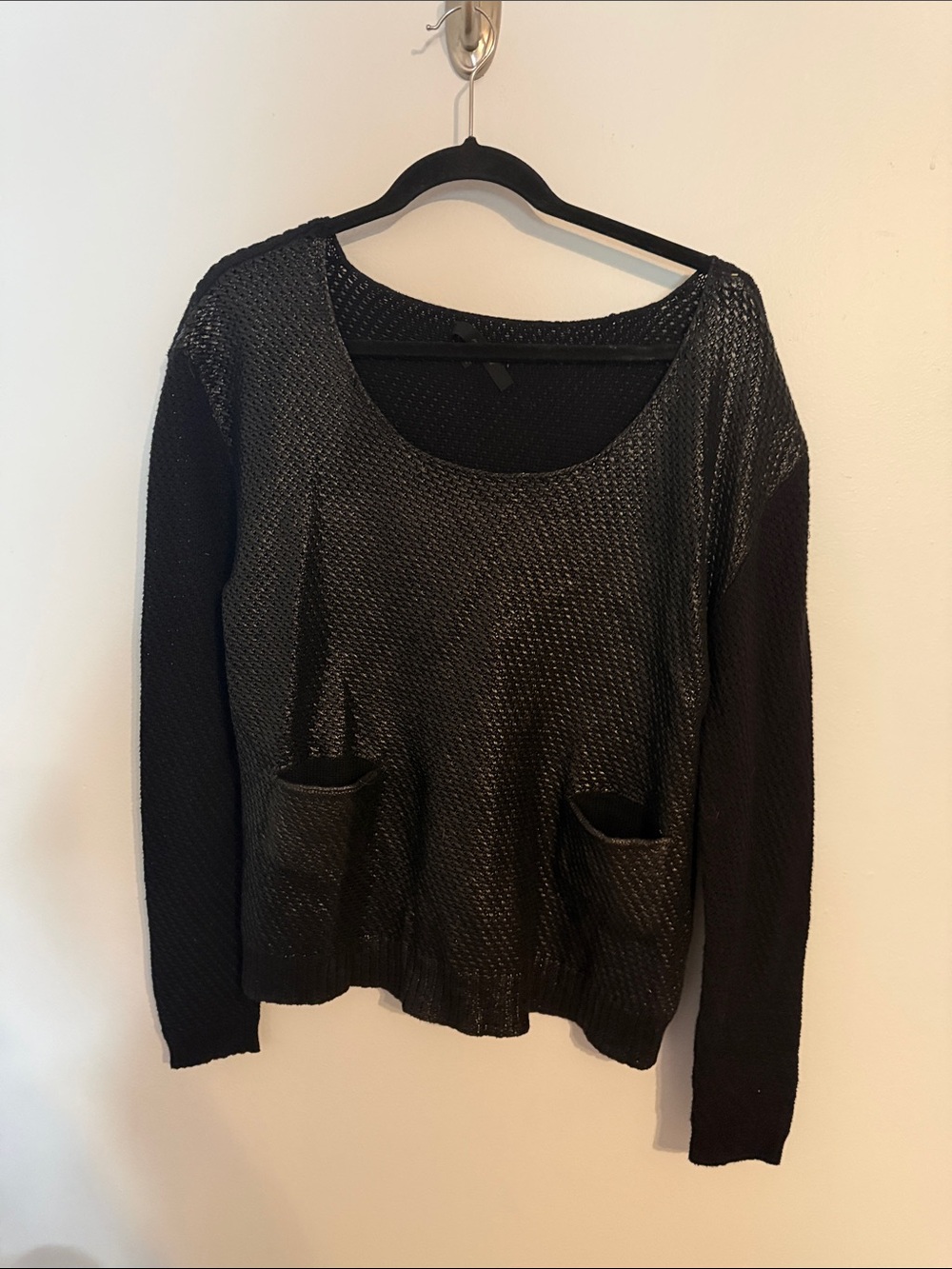 7 For All Mankind Black Metallic Open Knit Sweater L 100% Cotton All Season